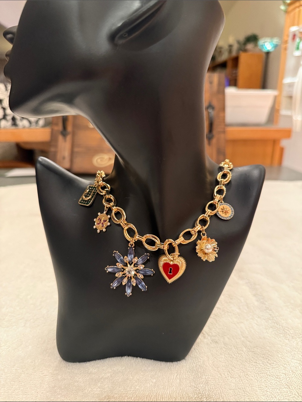 INC International Concepts Charm Necklace w/Blue Crystal Flower & Red Heart Lock